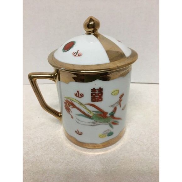 Vintage Chinese Gold Trimmed Hand Painted Dragon Phoenix Mug Tea Cup With Lid - Picture 3 of 9